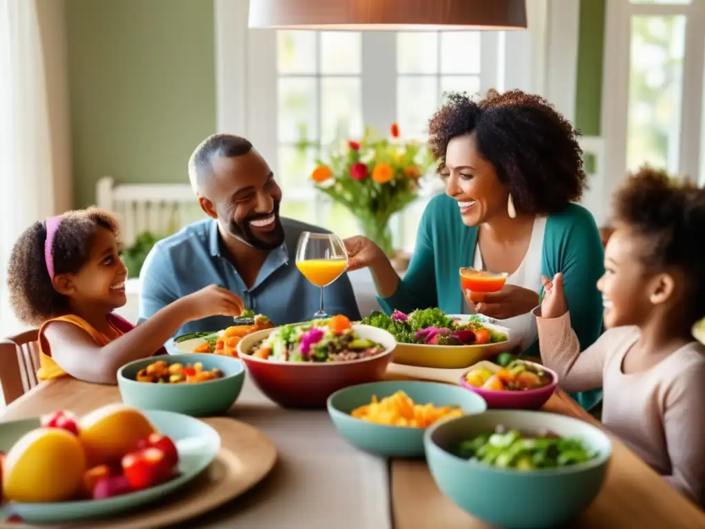 Una familia disfruta de una comida saludable y colorida, fomentando hábitos alimentarios saludables en un ambiente cálido y acogedor.