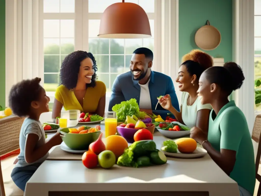 Una familia disfruta de una comida saludable juntos en un ambiente cálido y acogedor, previniendo trastornos alimentarios.