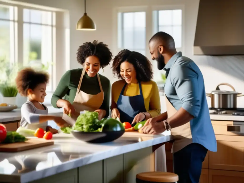 Una familia diversa cocina junta en una moderna cocina colorida, compartiendo lecciones críticas sobre mitos alimentarios.