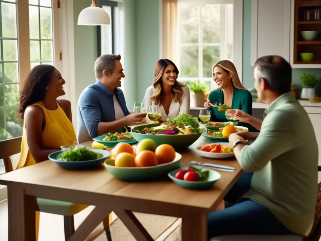 Una familia moderna y serena disfruta de una comida saludable y colorida juntos, previniendo trastornos alimentarios en familia.