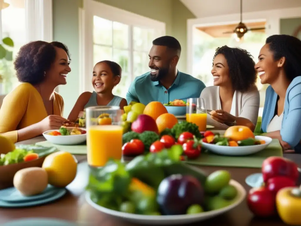 Una familia sonriente disfruta de una comida saludable, creando un ambiente cálido y acogedor. <b>Prevención trastornos alimentarios niños.