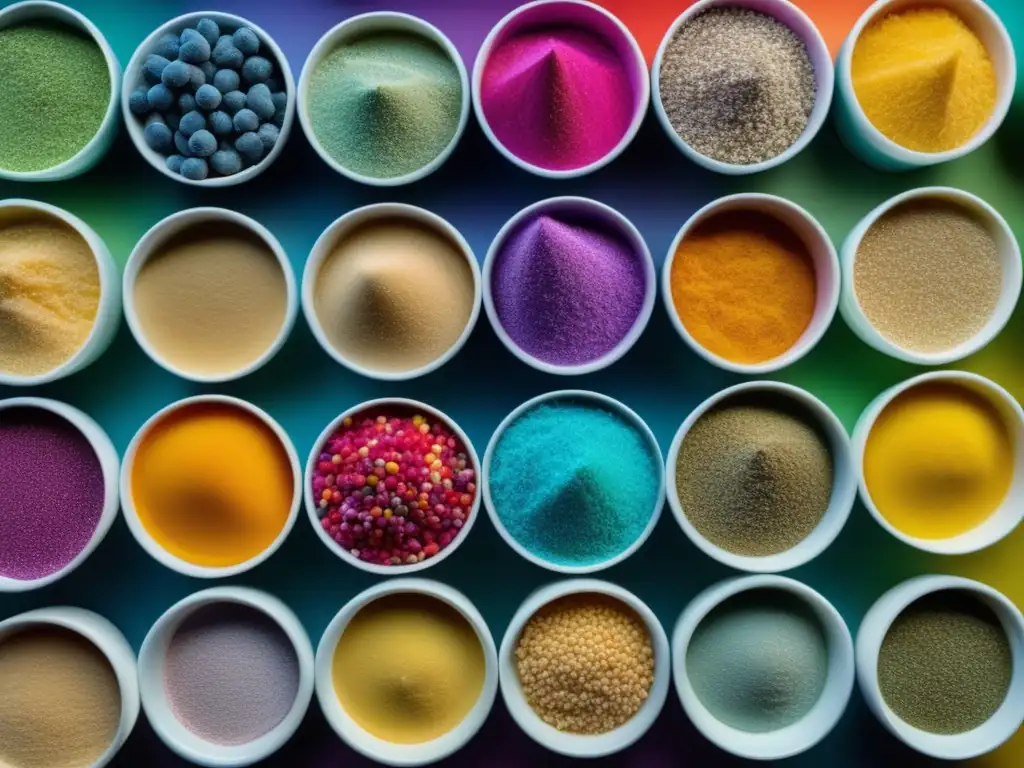 Un fascinante patrón de aditivos alimentarios coloridos, detallados y etiquetados, destaca el impacto en la alimentación saludable.