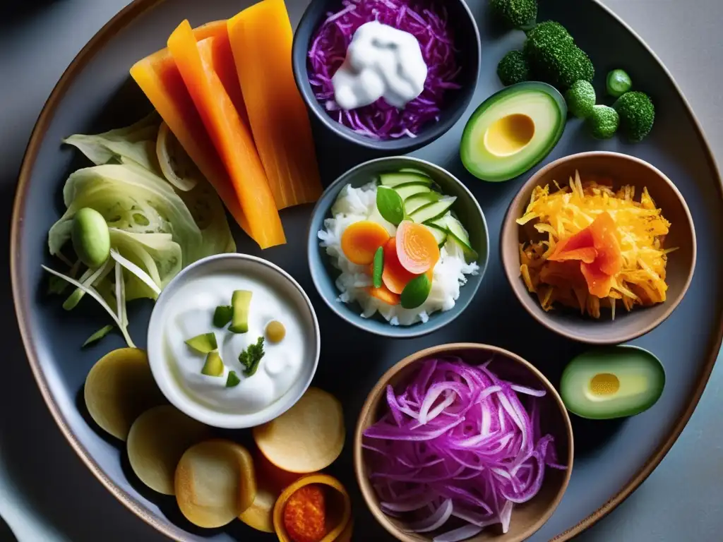 Un festín de alimentos probióticos coloridos y variados que promueven la salud intestinal.