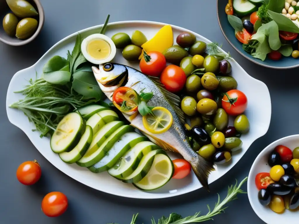 Un festín de colores y sabores mediterráneos, evocando frescura y salud. <b>Dieta mediterránea reducción síntomas autoinmunes.