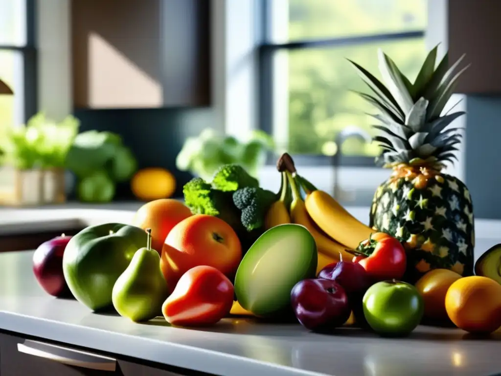 Un festín de colores y texturas: alimentos orgánicos recién cosechados bañados por la luz del sol, mostrando los beneficios para la salud.