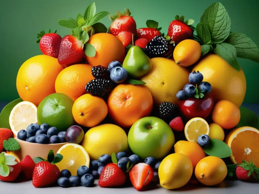 Un festín de frutas y hierbas frescas, vibrantes y detalladas, para bebidas saludables naturales que refrescan el día.