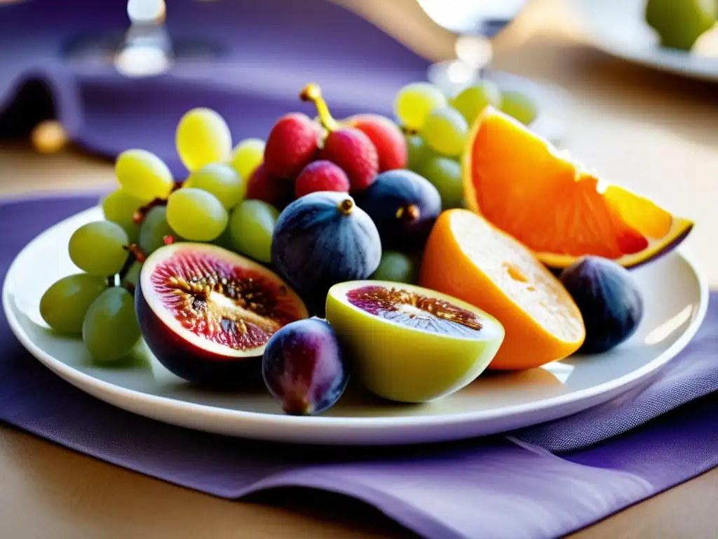 Un festín de frutas mediterráneas frescas y saludables en una elegante bandeja blanca. <b>¡Recetas postres mediterráneos saludables!