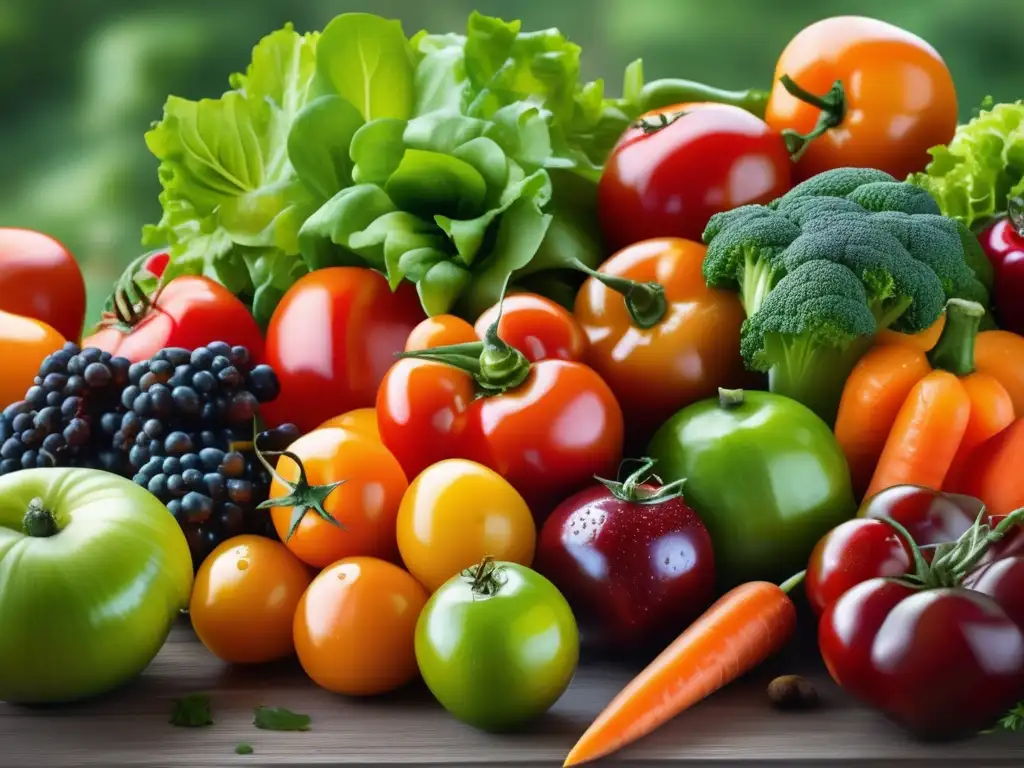 Un festín de frutas y verduras frescas, colores vibrantes y detalles exquisitos. <b>Invita al consumo responsable alimentación dieta.