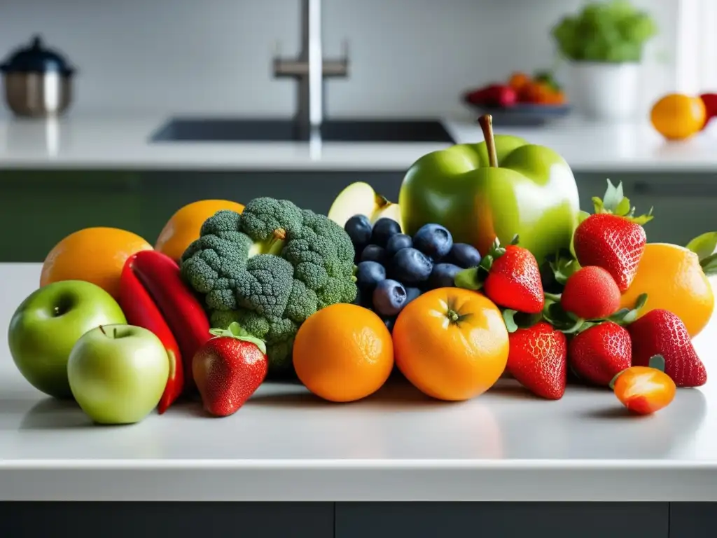 Un festín de frutas y verduras frescas y coloridas en una cocina moderna, perfecto para una dieta sin azúcar para enfermedades autoinmunes.