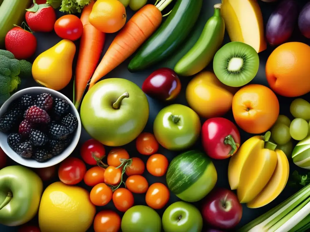 Un festín de frutas y verduras frescas, vibrantes y detalladas. <b>La imagen transmite la importancia de la nutrición para mejorar la concentración en deportistas.