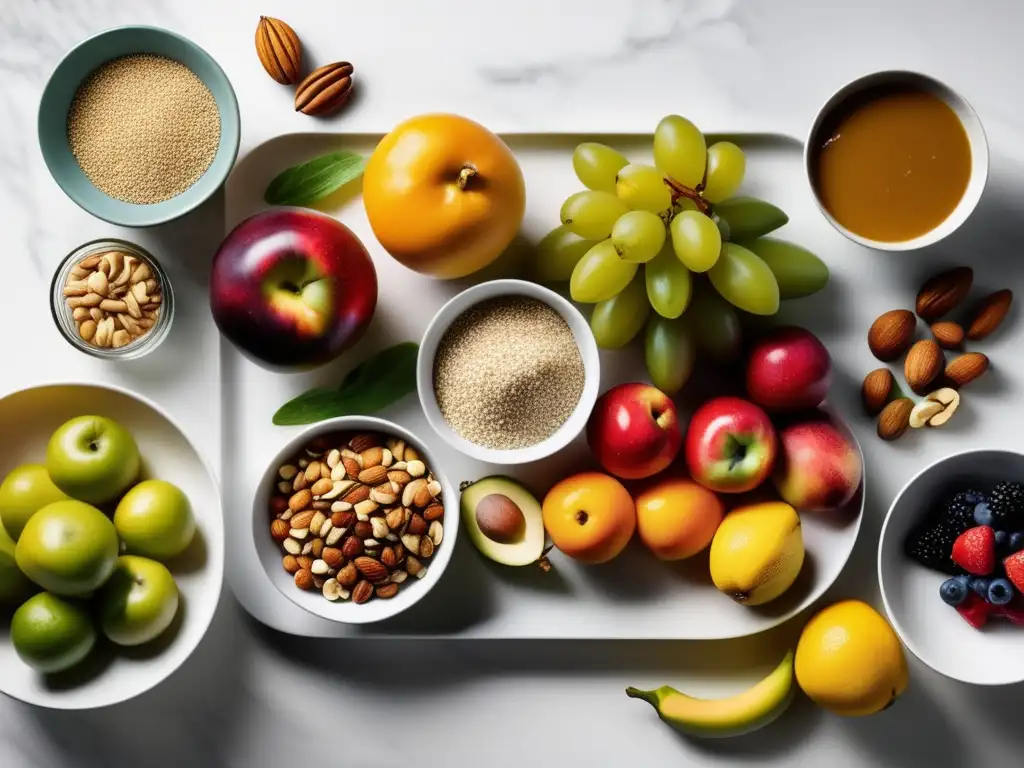 Un festín de frutas, verduras, frutos secos y granos enteros sobre una elegante encimera de mármol blanco. <b>Mejorar dieta equilibrio nutricional.