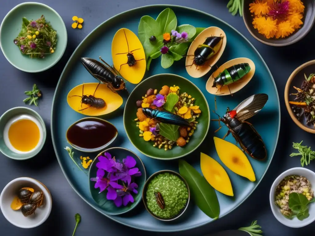 Un festín gourmet con insectos comestibles en presentación sofisticada. <b>Beneficios de incluir insectos comestibles.