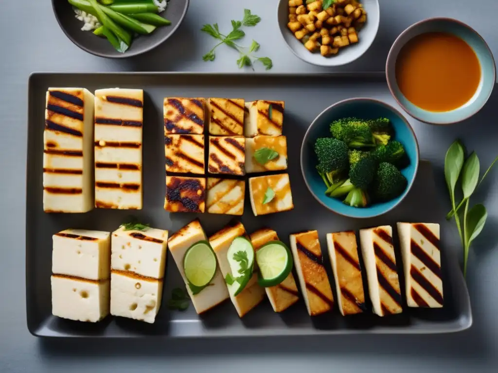 Un festín gourmet de tofu y tempeh, resaltando su versatilidad. <b>Recetas saludables con tofu y tempeh.