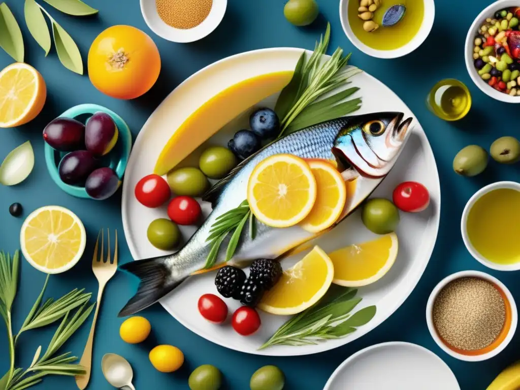 Un festín mediterráneo con frutas, verduras, aceite de oliva, granos enteros y pescado. <b>Detalles realistas destacan la prevención del cáncer con Dieta Mediterránea.