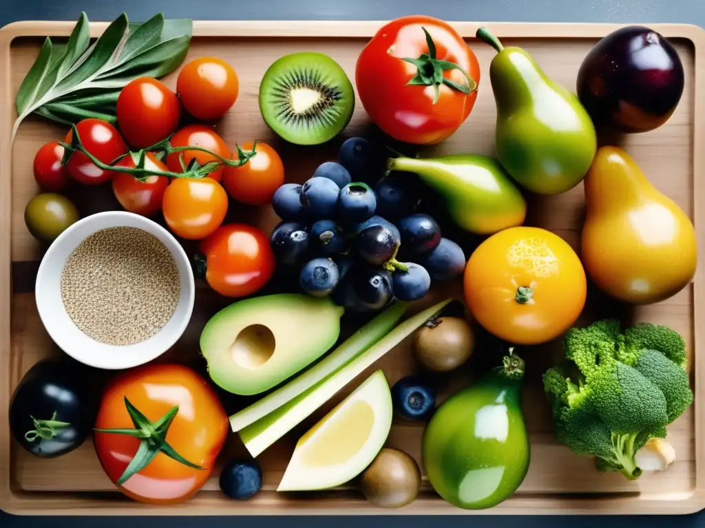 Un festín mediterráneo de frutas y verduras frescas en una tabla de cortar de madera, resalta la importancia de la dieta mediterránea con su vitalidad y variedad.