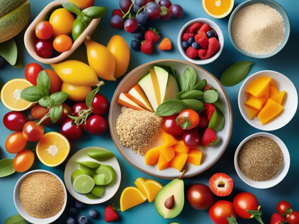 Un festín mediterráneo vibrante y equilibrado con frutas, verduras y granos enteros, en un escenario soleado. <b>Dieta equilibrada para salud mental.