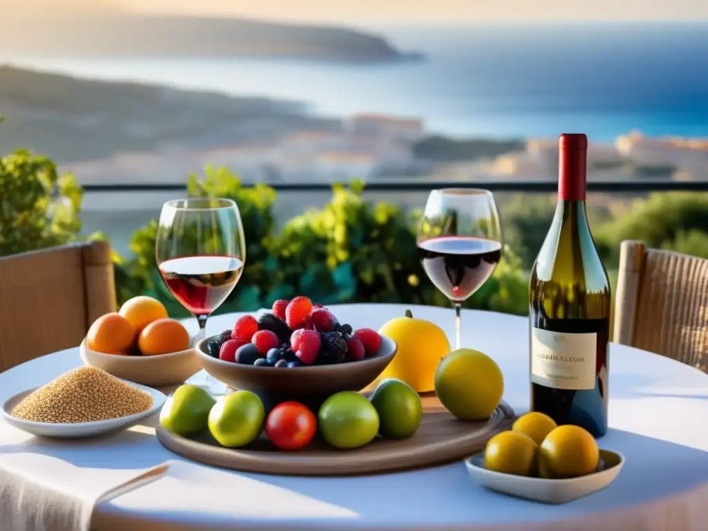 Un festín mediterráneo con vino tinto, frutas, verduras y granos, bañado en cálida luz natural y con vista al mar. <b>Beneficios del vino tinto en dieta.