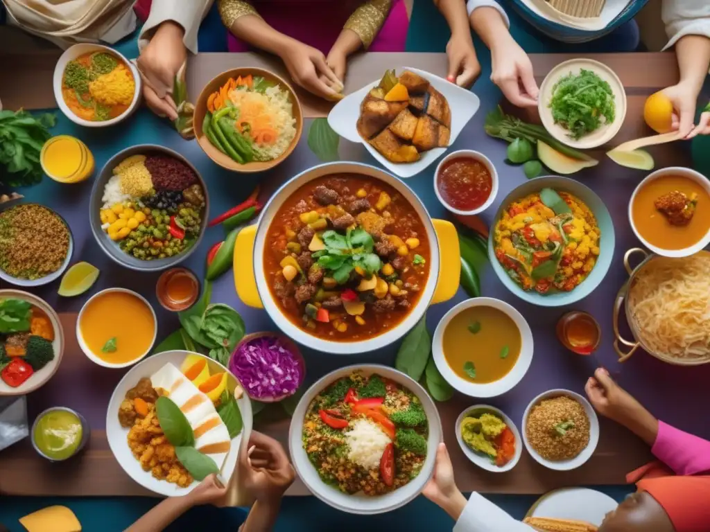 Un festín multicultural: gente diversa disfruta comida variada. <b>Comparativa guías alimentarias internacionales.</b> <b>Fiesta para los sentidos.