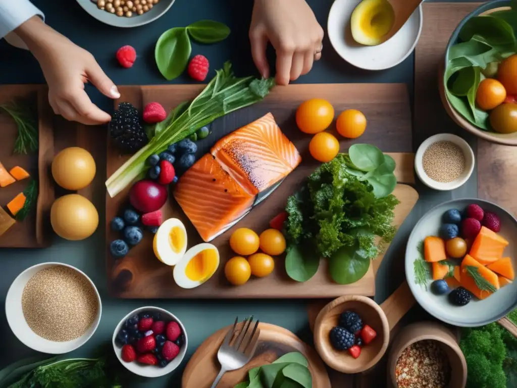 Un festín nórdico fresco y colorido se prepara con cuidado en una mesa rústica iluminada por suave luz natural. <b>Dieta Nórdica beneficios saludables.