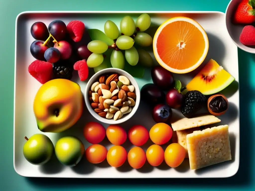 Un festín de snacks saludables para energía en entrenamientos, dispuestos con detalle sobre un elegante plato, bañados por la luz del sol.