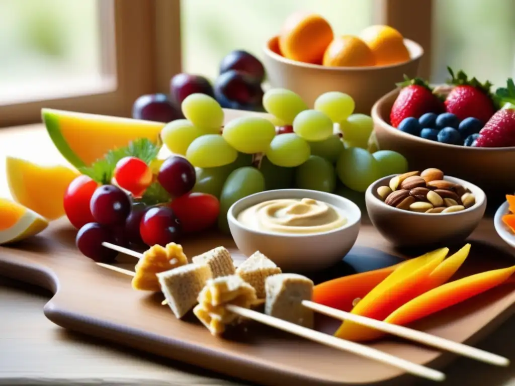 Un festín de snacks saludables para elevar el espíritu, con frutas, vegetales, frutos secos y semillas en una hermosa presentación.