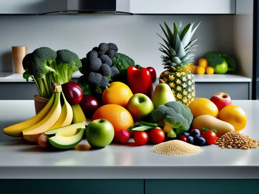Un festín visual de alimentos frescos y coloridos en una cocina moderna, transmitiendo la idea de 'Planificación de menús equilibrados semanales'.