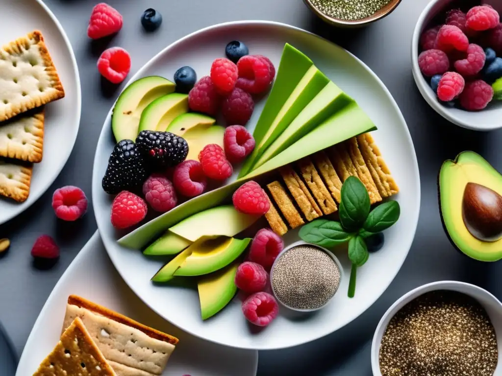 Un festín visual de alimentos ricos en fibra, presentados de manera exquisita en un elegante plato blanco. <b>Beneficios de la fibra alimentaria.