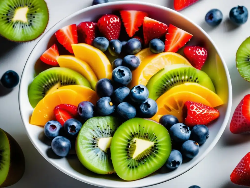 Un festín visual de frutas frescas y coloridas en un elegante recipiente, muestra la influencia de aditivos en alimentos de forma natural y saludable.