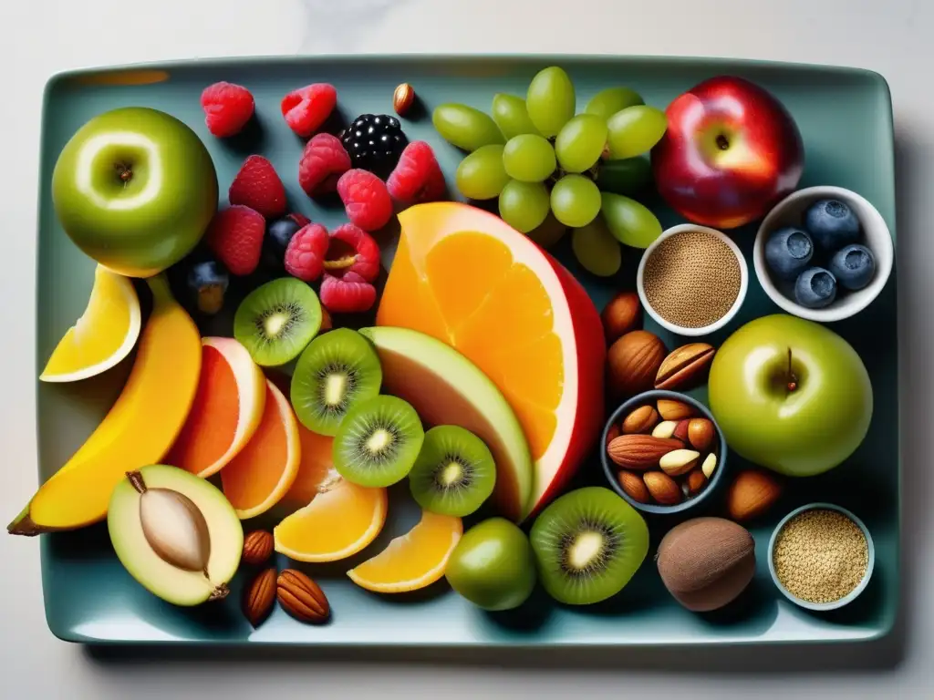 Un festín visual de frutas, vegetales, nueces y semillas, que evoca frescura y salud. <b>Análisis crítico del movimiento raw food.