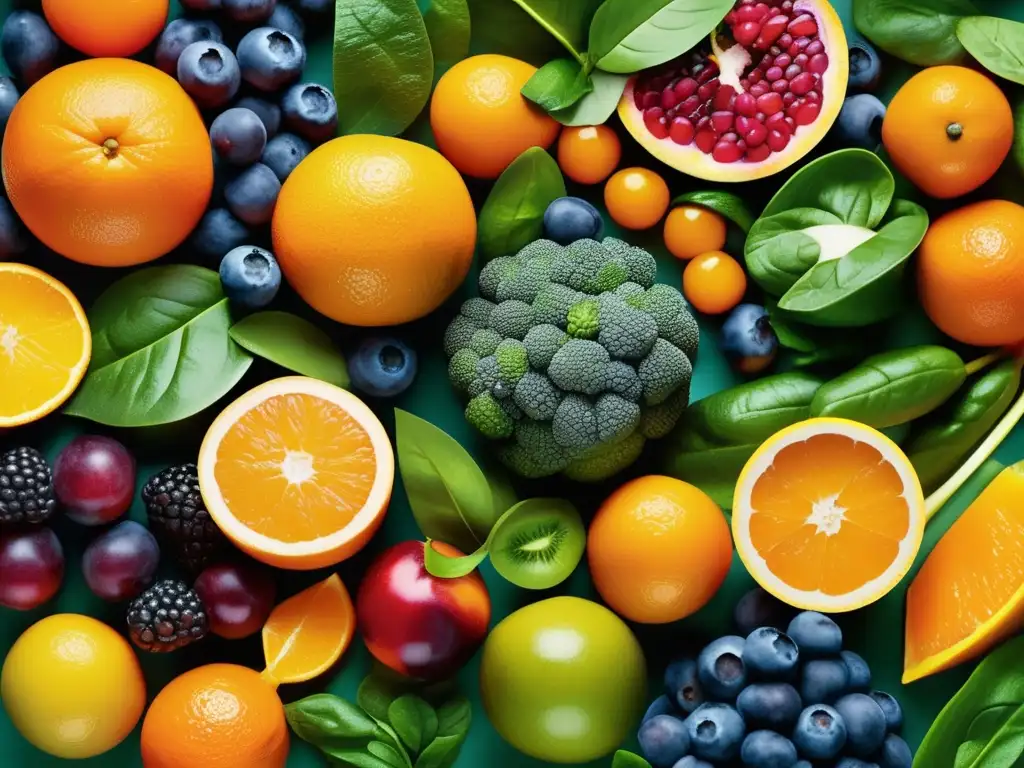 Un festín visual de frutas y verduras, con colores vibrantes y detalles intrincados. <b>Ideal para aplicaciones para gestionar suplementos nutricionales.