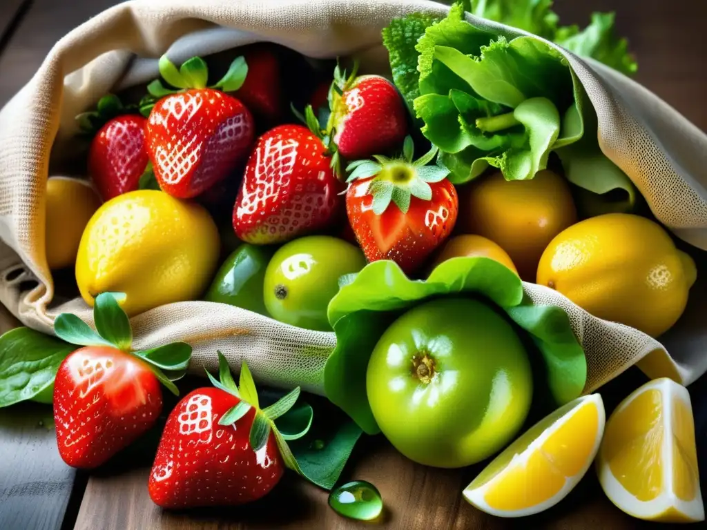 Delicioso y sostenible: Frutas y verduras frescas en bolsa reutilizable Un festín visual de frutas y verduras frescas en una bolsa reutilizable, evocando una dieta sostenible y la reducción del desperdicio de alimentos.