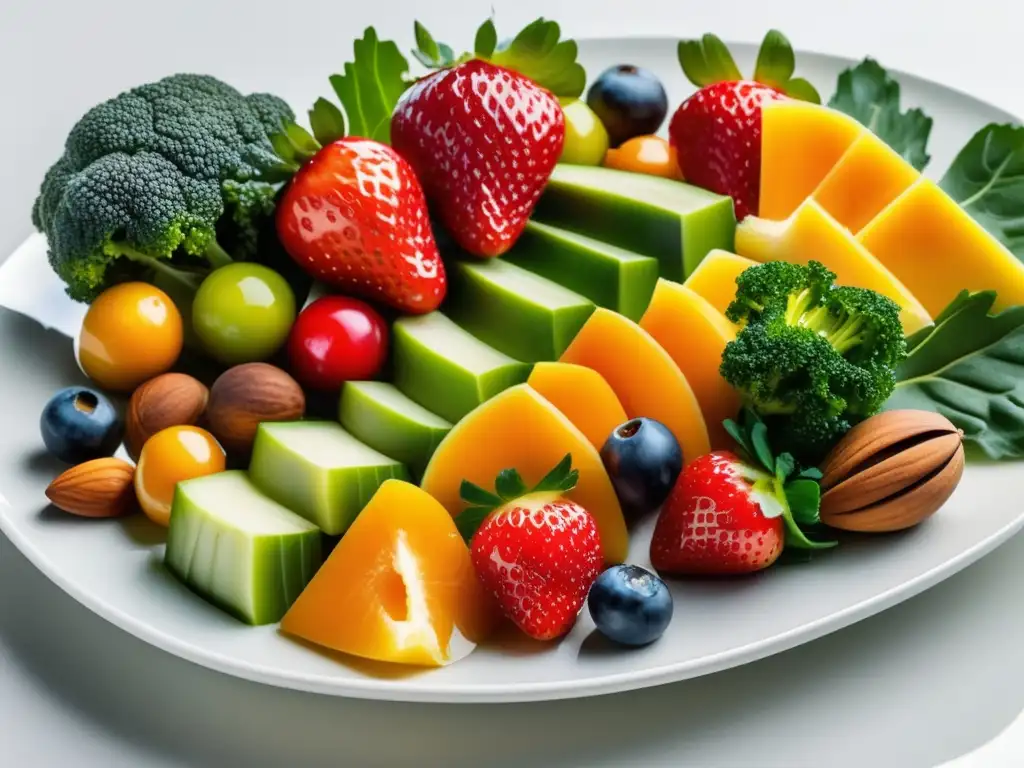 Un festín visual de frutas, verduras, frutos secos y semillas en una elegante bandeja blanca. <b>Beneficios de los alimentos funcionales.
