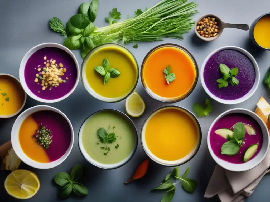 Un festín visual de sopas detox coloridas y apetitosas en elegantes cuencos de vidrio, iluminado suavemente. <b>Recetas de sopas detox para salud.