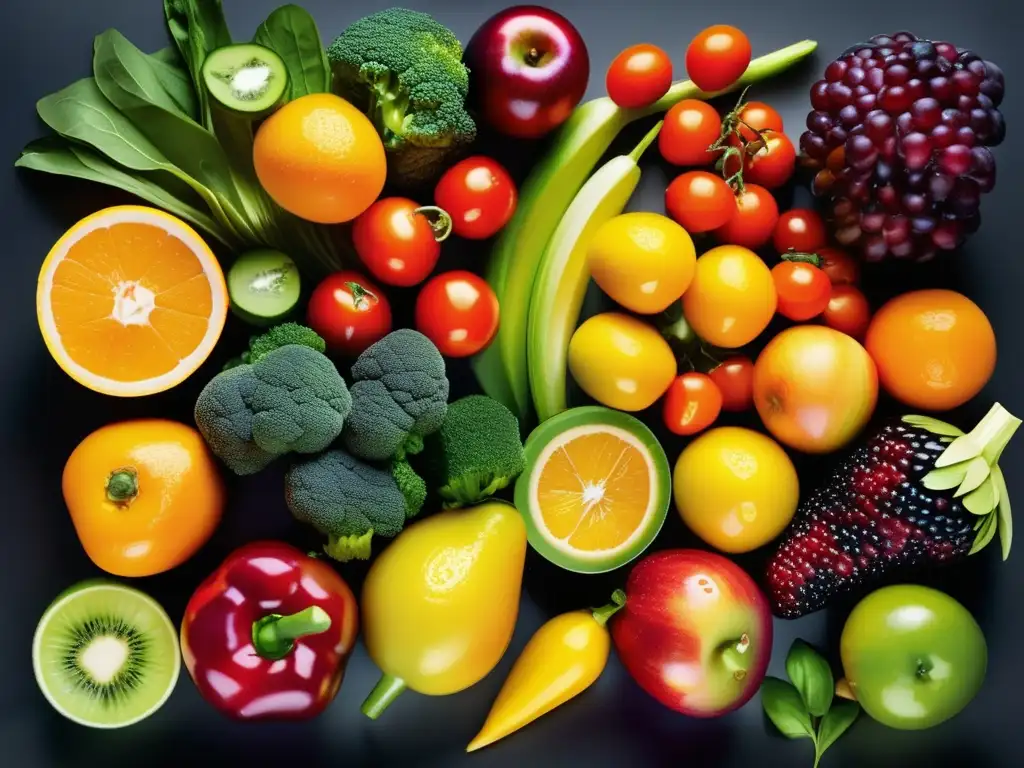 Un festival visual de frutas y verduras frescas, con colores vibrantes y texturas detalladas que resaltan su frescura y vitalidad. <b>Beneficios y desventajas proteínas vegetales.