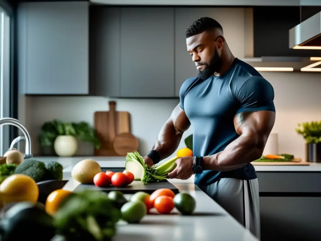 Un fisicoculturista prepara una comida saludable en una cocina moderna, destacando la importancia de la dieta para construir músculo saludable.