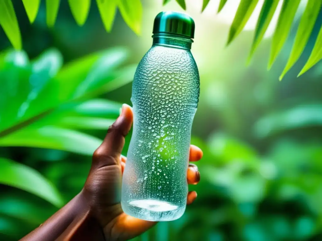 Un frasco de agua con gotas de condensación, sostenido por una mano musculosa, resalta la importancia de la hidratación en la alimentación para flexibilidad y fuerza. El fondo de follaje vibrante y la luz solar crean un contraste impresionante.