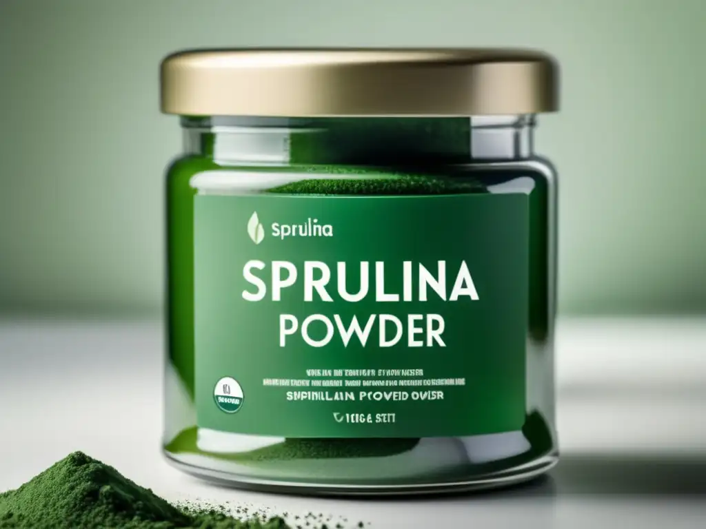 Un frasco moderno exhibe el vibrante polvo verde de espirulina, con una etiqueta elegante y minimalista. <b>Beneficios de la espirulina como suplemento.