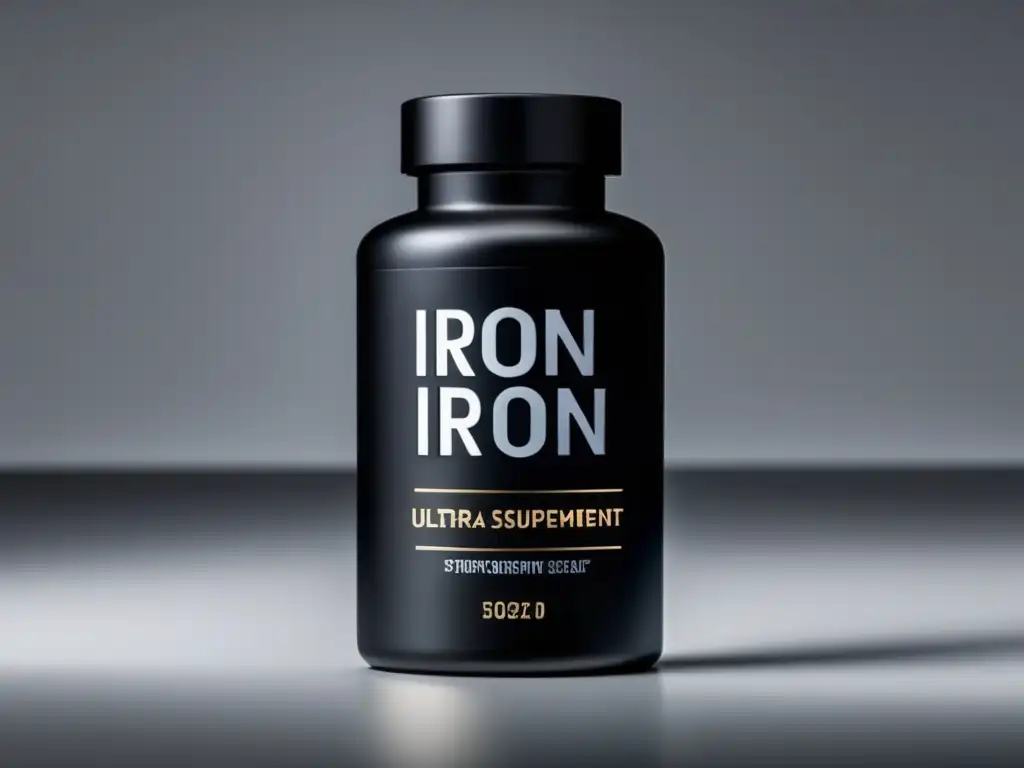 Un frasco de suplementos de hierro para deportistas, con un diseño minimalista y sofisticado en negro mate y detalles metálicos, sobre fondo blanco.