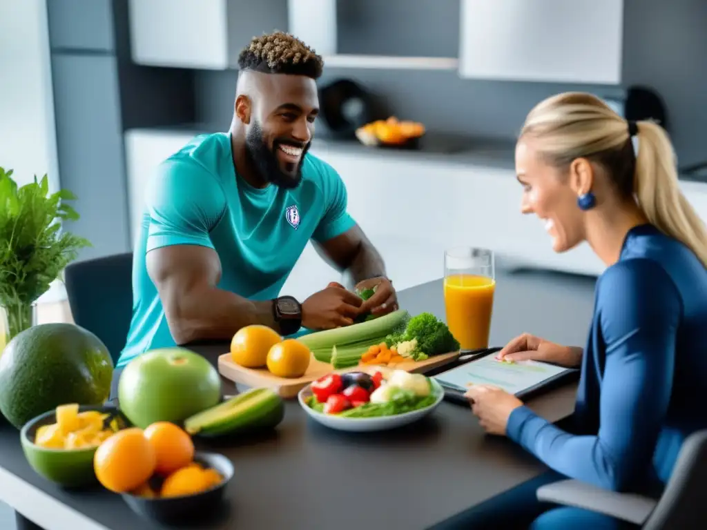 Un futbolista profesional revisa claves nutricionales con su nutricionista. <b>La mesa está llena de alimentos saludables y coloridos.