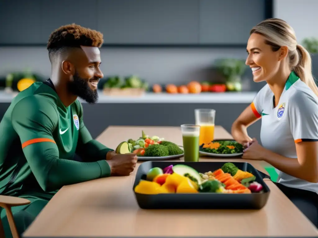 Un futbolista profesional escucha atentamente a su nutricionista mientras revisan claves nutricionales para su dieta, rodeados de alimentos coloridos y nutritivos en una escena moderna y profesional.