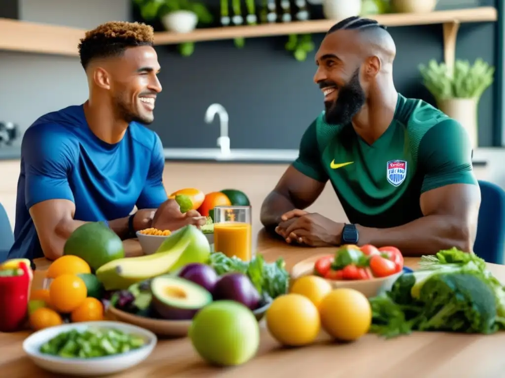 Un futbolista profesional conversa con un nutricionista deportivo sobre claves nutricionales dieta futbolista profesional, rodeado de alimentos coloridos y saludables.