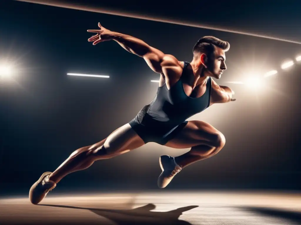 Un gimnasta masculino profesional realiza un salto mortal en el aire, mostrando fuerza y flexibilidad. <b>Destaca su intensa expresión y el brillo del sudor en su piel.</b> <b>El ambiente moderno del gimnasio aporta dinamismo con líneas limpias y colores vibrantes.</b> Alimentación para flexibilidad y