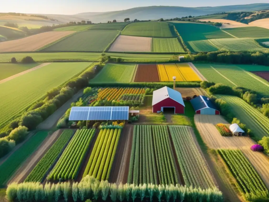 Una granja de agricultura regenerativa llena de vida, con cultivos coloridos y paisaje natural.