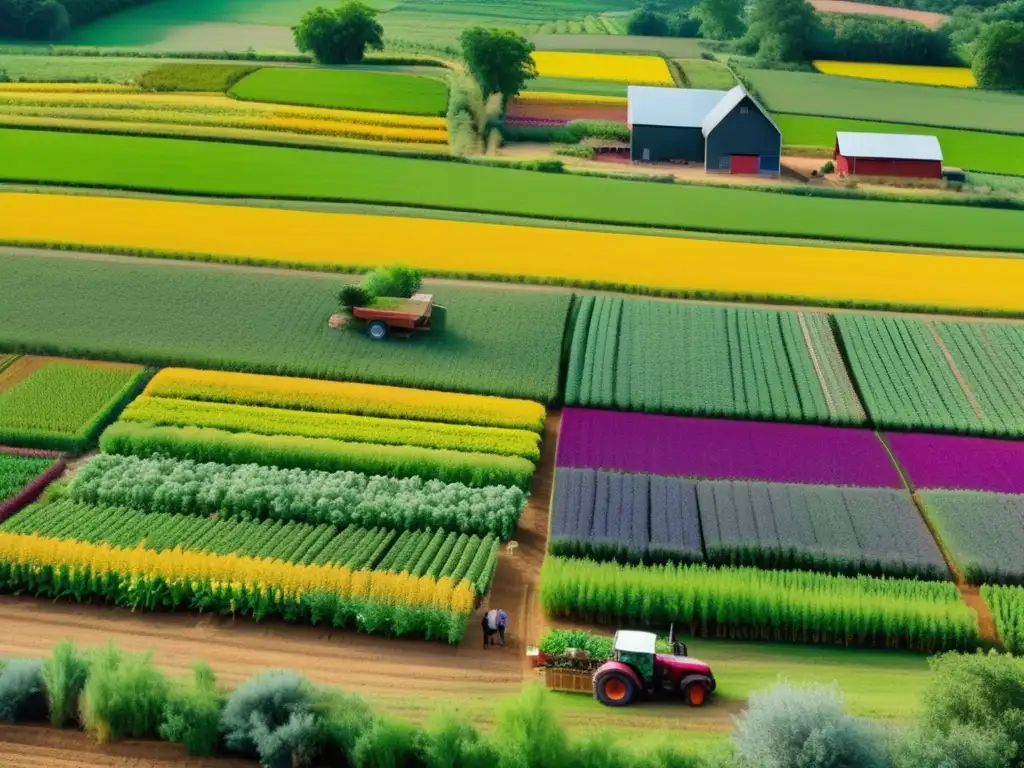 Una granja agroecológica diversa y exuberante, con cultivos coloridos y apicultores. <b>Agroecología para una alimentación saludable.