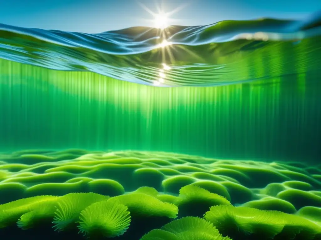 Una granja de algas marinas muestra su belleza en el agua clara, resaltando los beneficios de las algas en alimentación.