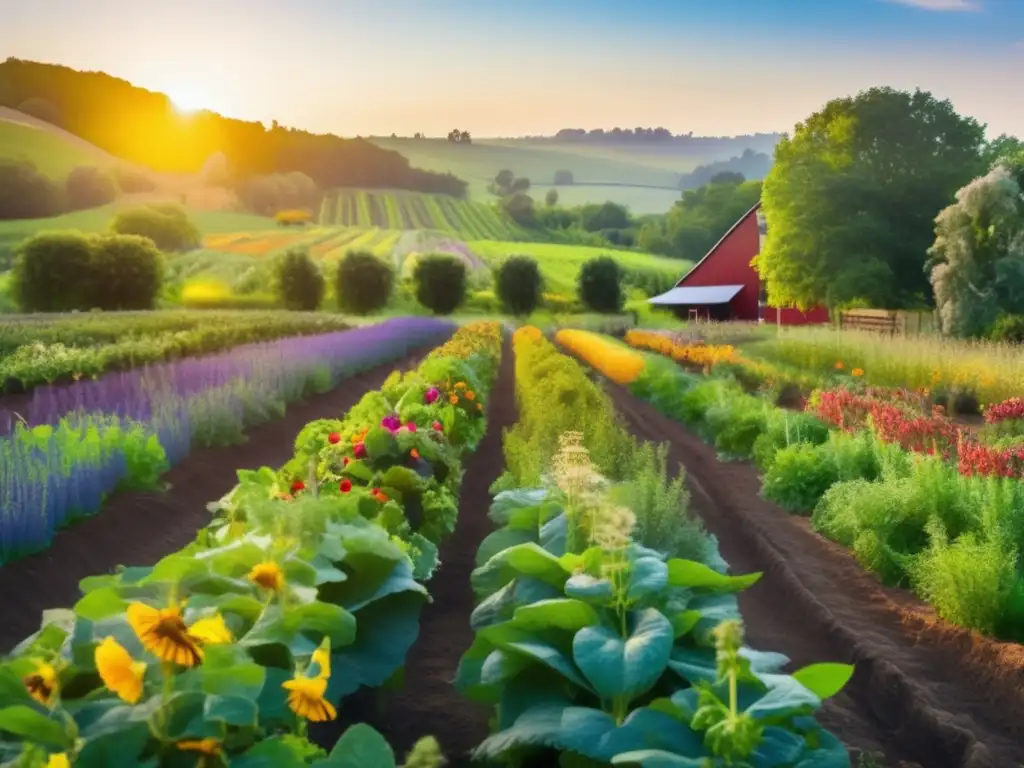 Granja orgánica biodiversa al atardecer Una granja orgánica exuberante y vibrante, con filas de vegetales, frutas y hierbas coloridas bajo la luz dorada del sol poniente. <b>Abejas y mariposas revolotean alrededor de flores en flor.</b> Al fondo, un ecosistema diverso de árboles, arbustos y