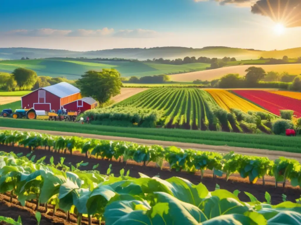 Una granja orgánica con frutas y verduras coloridas, agricultores trabajando juntos bajo el sol. <b>Representa una dieta sostenible para reducir la huella de carbono.