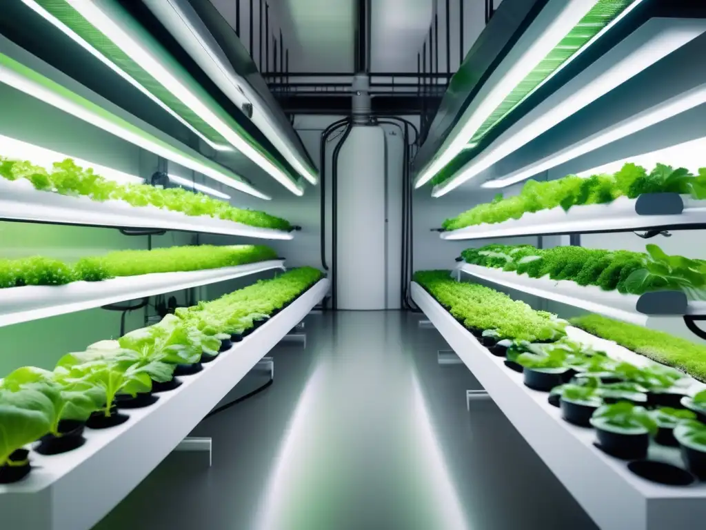 Una granja vertical aeropónica moderna muestra hortalizas exuberantes en un entorno controlado. La innovación de la hidroponía y aeroponía para hortalizas es evidente en este vibrante y eficiente sistema.