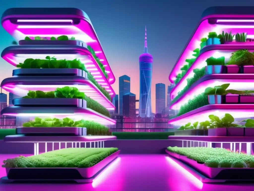 Una granja vertical futurista con cultivos verdes iluminados por luces LED rosadas, integrando innovaciones biotecnológicas sostenibles en la ciudad.