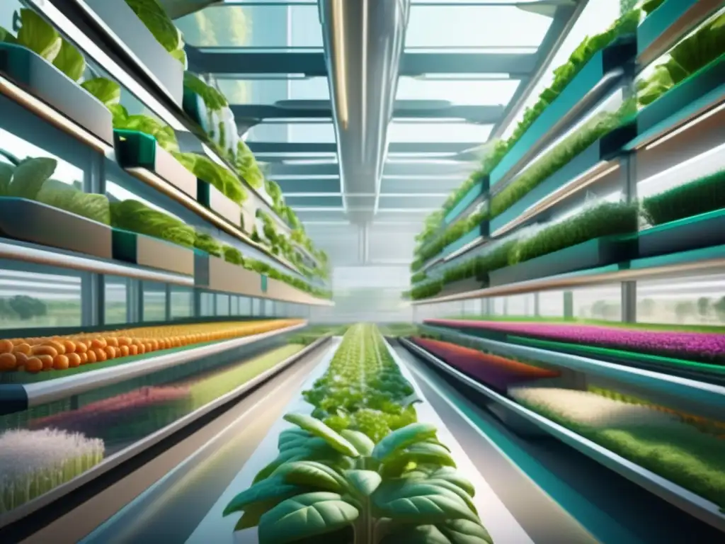 Una granja vertical futurista con innovaciones biotecnológicas sostenibles para la alimentación, rodeada de exuberante vegetación.